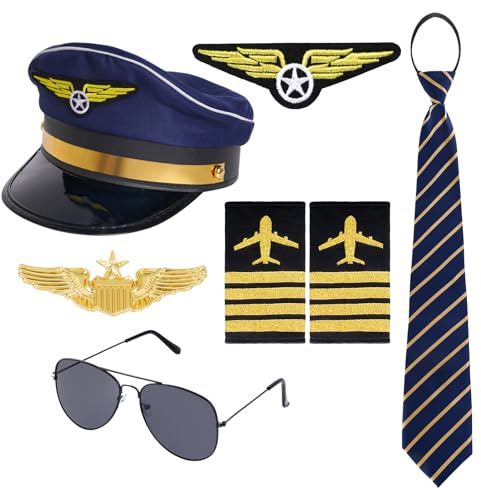 Vxcvzv 7 Stück Pilot Kapitän Kostüm Zubehör, Pilot Kostüm Set Kit Schulterklappen Streifen Pilotenhut Sonnenbrille Abzeichen Krawatte Piloten Herren für Halloween Fasching Karneval Kostüm