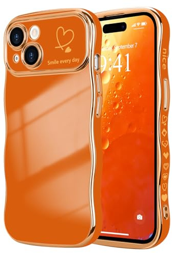 LCHULLE for iPhone 15 Case Cute for Women Girls Wavy, Orange | Luxury Plating Curly Wave Shape Frame with Love Heart Pattern, Raised Camera Protection Back Cover Shockproof Phone Case