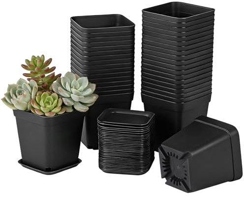 PUHTUOY 36Pcs Plastic Plant Pots - 7cm Indoor Square Thick Seed Seedling Pots with Trays Small Black Nursery Flower Pots for Vegetables Cuttings Succulent Cacti for Garden Office and Balcony Decor