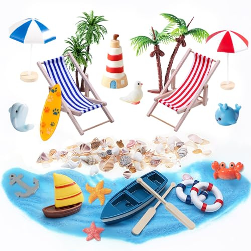 21 Stück Strand-Mikrolandschaft Miniatur Dekoration mit Mini LiegestüHlen Palmen Sonnenschirmen Couchtisch Strandzubehör, DIY Mini-Strand Miniatur Puppenhaus Dekoration, DIY Mikro Garten Landschaft
