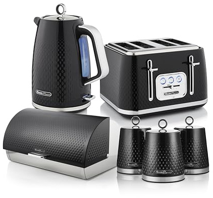 Swan Elegance Complete Kitchen Set, 1.7L Kettle, 4 Slice Toaster, 14L Bread Bin, 3 Canisters & Towel Pole/Mug Tree, Black, EEJB480