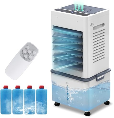 ARTETHYS Portable Air Conditioner Cooler, 10L Evaporative Air Cooler Fan for Bedroom with Cool Mist, 7 LED Light, Remote Control, 6 Speeds, Humidifier, 4 Ice Packs, 24H Timer, White Grey