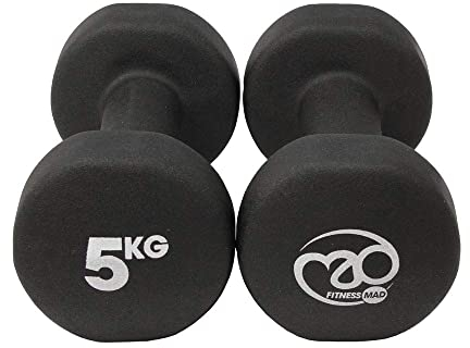Fitness Mad Neoprene Dumbbells | Pair of Dumbbells | Home Exercise & Studio Use | Cast Iron Body with Neoprene Coating | Weights 0.5kg - 6kg, Multi Coloured & Black