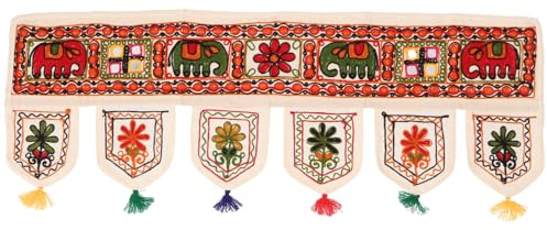 GURU SHOP Indischer Wandbehang, Orientalischer Wimpel mit Pailletten, Türbehang - Elefant Weiß, 30x85 cm