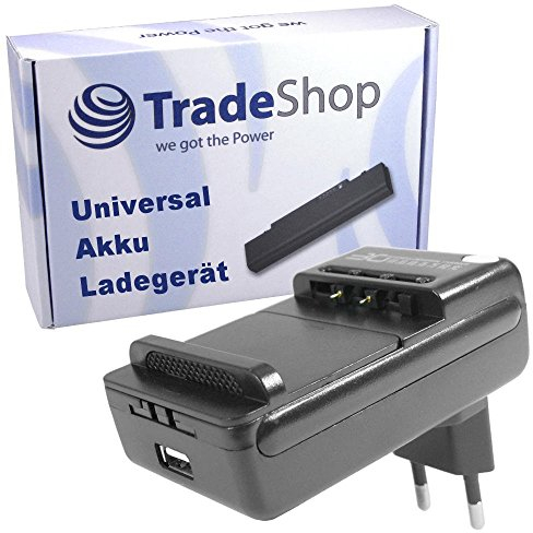 Trade-Shop Universal LCD Ladegerät Ladestation Tischlader für Li-Ion 3,7V Akku bis 6,5cm, Ladeschale einstellbar passend für viele Smartphone Handy Digitalkamera Akkus/mit USB-Anschluss