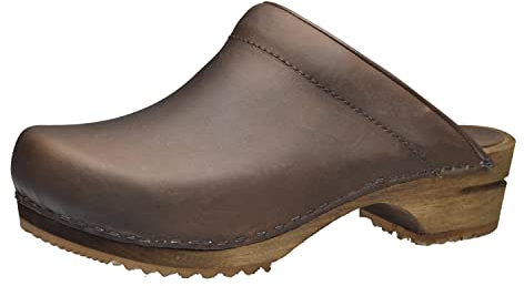 Sanita Chrissy offener Clog | Original handgemacht | Leder-Holzclogs für Damen | Dunkelbraun | 39
