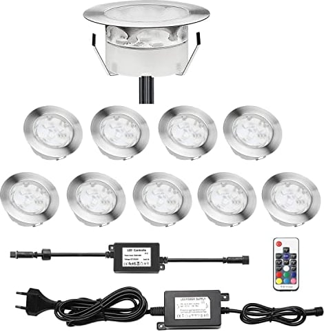 Treppen Bodeneinbaustrahler 10er Set, RGB Farbwechsel-LED Terrasse Licht IP67 Wasserdicht, Ø60mm Aussen Einbauleuchten, DC 12V 1W Für Küche Und Garten