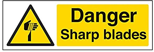 V Safety Danger Sharp Blades Warning Sign - 300mm x 100mm - 1mm Rigid Plastic