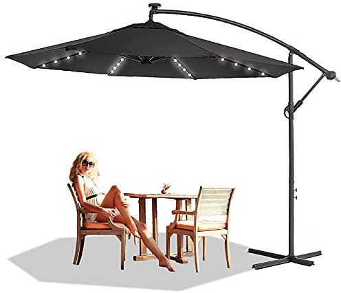 LARS360 Sombrilla Parasol Excéntrico Banana Con Solar LED para Terraza Jardín Balcón Mástil de Aluminio y 100% Poliester Tela, con Base de Cruz, Color Gris Oscuro 300cm Protección UV y Impermeable