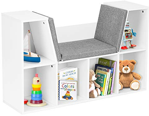 GIANTEX Kinder Bücherregal mit Sitzkissen, Bücherschrank Würfelregal 6 Fächern & 2 Ebenen, Holz Raumteiler Kinderregal mit Sitzbank bis 80kg belastbar, Aufbewahrungsregal für Wohnzimmer, Kinderzimmer