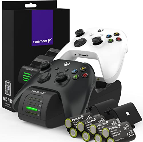 Fosmon Quad Pro 2 Max Ladegerät kompatibel mit Controller Xbox Series X/S (2020), Xbox One/One X/One S Elite Controller, (Two Slot) Docking Station mit 4 x 2200 mAh wiederaufladbaren Akkus – Schwarz