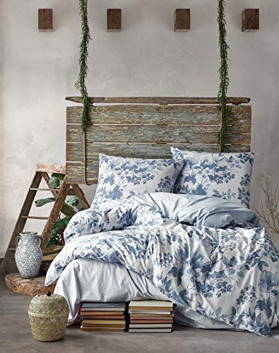 ZIRVEHOME Bettwäsche 155x220 cm. 4 teilig Set. weiß, 100% Baumwolle/Renforcé mit reißverschluss atmungsaktiver Wende bettbezug blau geblümt mit Kissenbezug 80x80 cm. Miarosa