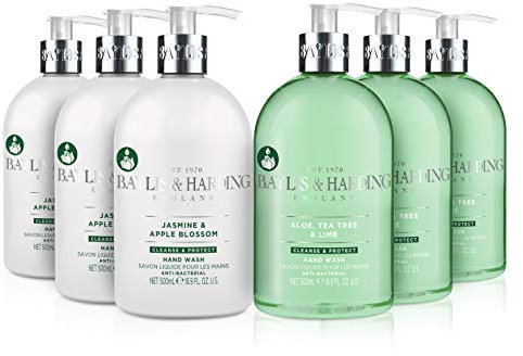 Baylis & Harding Anti-Bacterial Hand Wash Bundle - 3 x 500 ml Aloe, Tea Tree & Lime & 3 x 500 ml Jasmine & Apple Blossom (6 Bottles) - Vegan Friendly