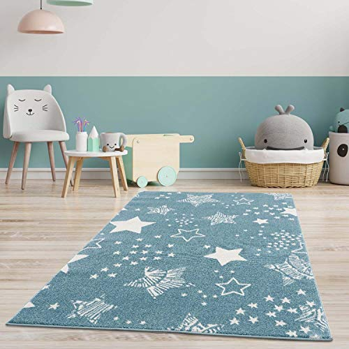 carpet city Kinderteppich Läufer - Sterne Sternen-Himmel 80x150 cm Blau - Kinderzimmer Teppich Modern
