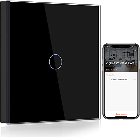 BSEED Smart ZigBee Interruptor de Luz,1 Gang 1 Vía Interruptor Inteligente Negro,Compatible con Alexa y Google Home, Control de APP y Función de Temporizador(Zigbee Gateway Hub Requerido)