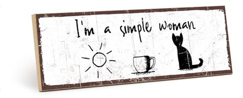 TypeStoff Holzschild mit Spruch – I'm a simple woman – im Vintage-Look mit Zitat als Geschenk und Dekoration zum Thema Sonne und Kaffee - HS-00857