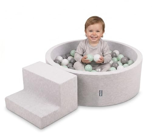 KiddyMoon Spielplatz mit bällebad 90x30cm und stüfchen 100 Bälle 7cm Schaumstoff ballgrube für Baby und Kleinkinder - Hellgrau: Weiß Grau Minze