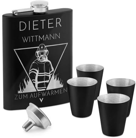 Maverton Flachmann 200 ml mit Gravur - Geschenkset mit 4 Schnapsgläsern 20 ml und Trichter - personalisiert - aus Edelstahl - Schnapsflasche für Männer - Farbe: mattschwarz - Feuer