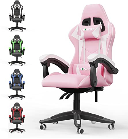 bigzzia Chaise Gaming,Ergonomique PU Cuir Chaise Bureau,Hauteur Réglable,avec Lombaire&Appui-Tête Appui,Dossier Inclinable à 155°,Fauteuil Gaming Adultes Enfants (Rose)