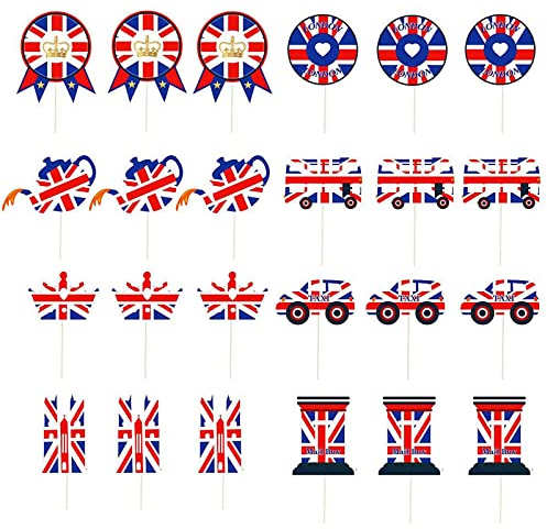 Jubilee Cake Decorations 2022 Cake Toppers Cocktail Sticks,24P Union Jack Flag Cake Decorations,Queen Jubilee Cake Toppers Cupcakes Picks Topper for Queens Platinums Jubilee/Union Jack Party Supplies