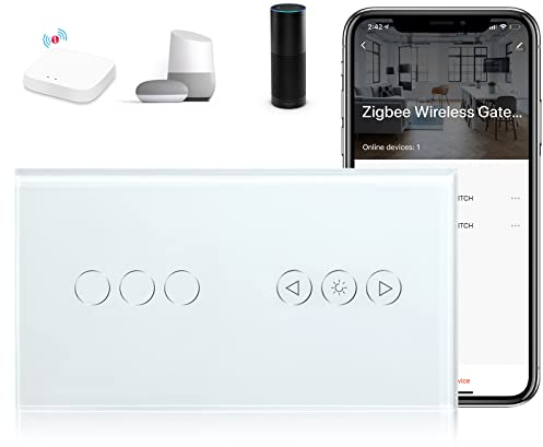 BSEED Zigbee Dimmer Schalter mit Smart Single Live ZigBee Lichtschalter 3 Fach 1 Weg Alexa WIFI Berührung Wandschalter Glasscheibe Schalter (ZigBee Hub Erforderlich) Weiß