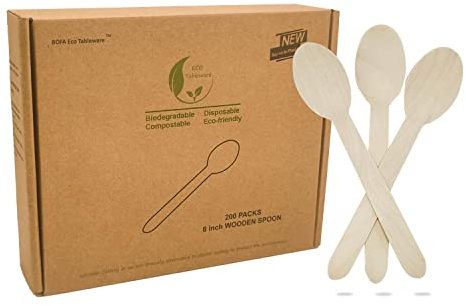 Cucharas de madera desechables, 200 unidades, cubiertos desechables, de madera de abedul, para pasteles, postres, barbacoas, pícnics, fiestas, compostables, ecológicas, biodegradables