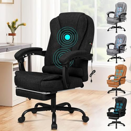 ELFORDSON Massage Office Chair for Home Office, Desk Chair 77 cm High Back 150° Recliner Tilt Function Padded Swivel Fabric, Black