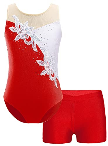 FEESHOW Mädchen Turnanzug Ärmellose Gymnastikbody Ballettbody Turntrikot Gymnastik Shorts Leggins Set Wettkampf Trainingsanzüge Tanzoutfit A_Rot 134-140/9-10 Jahre