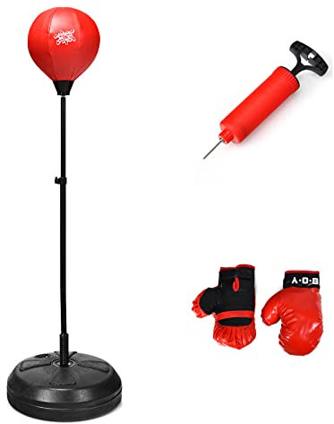 GYMAX Punching Ball, Inflatable Free Standing Boxing Ball with Boxing Gloves, Air Pump and Holder, Height-adjustable Punching Bag for Children & Teenagers & Adults , 44 x 44 x 122-154cm
