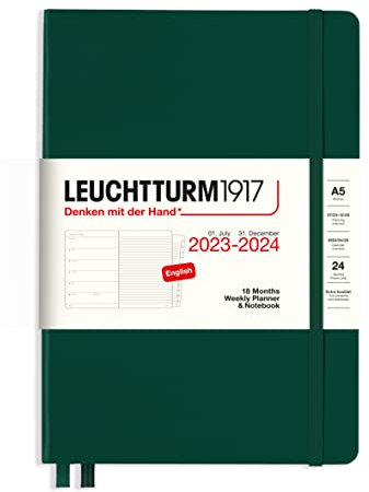 LEUCHTTURM1917 367680 Weekly Planner & Notebook Medium (A5) 2024, 18 mesi, verde foresta, inglese