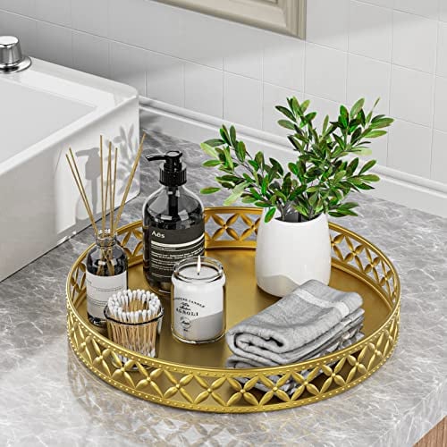 EKNITEY Bathroom Counter Vanity Tray - Gold Round Serving & Storage Tray for Home Decor, Makeup & Perfume, 11
