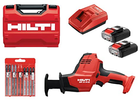 Hilti 2406818 Kit Sierra de sable SR 2-A12 + 2 baterías B 12/4.0 + cargador C4/12-50 + Juego 10 hojas de sierra de calar (Longitud carrera 16mm. Tasa 2900 cpm. Demoliciones ligeras. Con maletín)