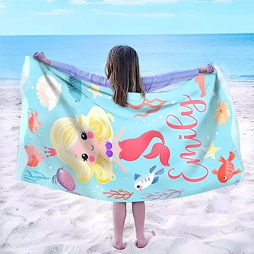 SearchI Personalisiertes Strandtuch mit Individuellem Namen 76X152cm,Schnell Trocknendes Mikrofaser Strandtuch Bequem und Weich Badehandtuch für Strand, Reise, Sauna(Meerjungfrau-Cartoon)