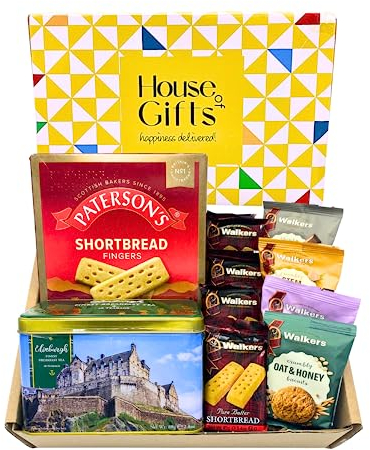 House of Gifts Scottish Tea & Biscuit Hamper Gift Set With Shortbread & Edinurugh Castle Tea tin with 40 teabags | Traditional Scottish Biscuits