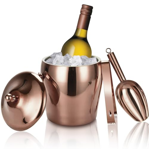 Cubo de hielo aislado de doble pared con pinzas de hielo, pala, tapa, cubo de hielo de acero inoxidable para cócteles, fiestas en casa, cubo de hielo mejorado con tapa, congelación para 6 h, 2 L