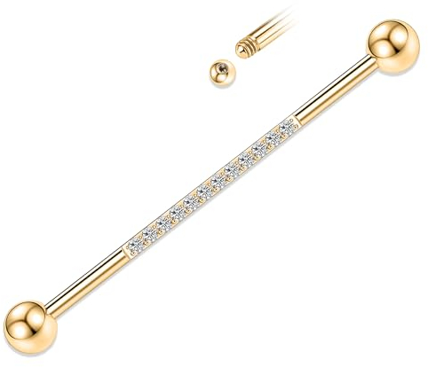 YEBOCIYO 14G Industrial Piercing Schmuck Gold Chirurgenstahl Industrial Barbell Industrial Bar Knorpel Conch Ohrring Helix Barbell Klar CZ 38mm Long Scaffold Bar für Frauen Männer