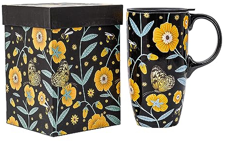 DUSVALLY Coffee Mug Coffee Ceramic Mugs Latte Tea Cup with Lid and Gift Box 17oz.Big Mug,Yellow Flower