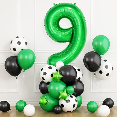 Football Balloons 9th Birthday Decorations for Boy, Soccer Birthday Party Decorations with Dark Green Number Balloon 9, Black Green White Balloons for World Cup Football Sports Theme Party Supplies