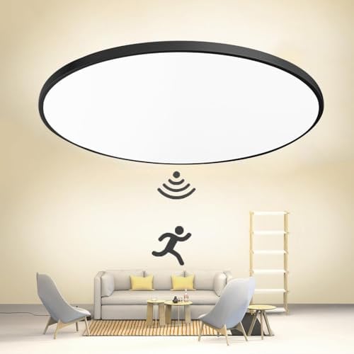 Plafonnier LED,LED plafonnier avec détecteur de mouvement radar, Lampe Plafond Luminaire Plafonnier IP44 Moderne Rond Applicable à Salle de Bain, Chambre, Cuisine, Salon, Balcon, Garage (Noir, 18W)