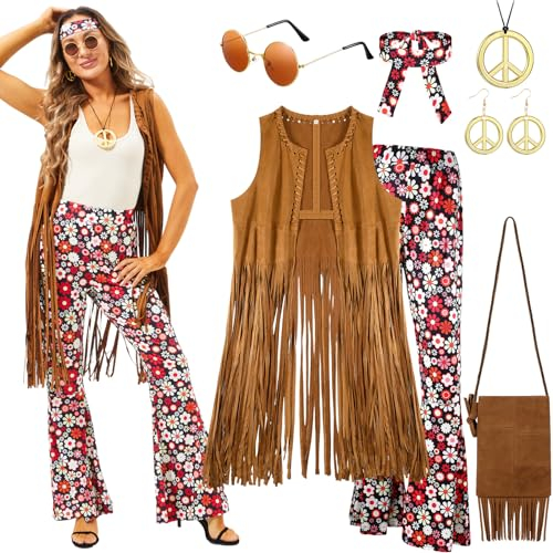 Hestya Set de Costume Hippie Gilet à Franges Pantalon Évasé Sac à Franges Bandeau Boucles d'Oreilles Collier Signe de Paix Lunettes de Soleil Déguisement des Années 60 et 70 pour Femme Halloween (XL)