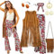 Hestya Frauen Hippie Kostüm Set Fransen Weste Schlaghose Fransen Tasche Frieden Zeichen Halskette Ohrringe Stirnband Sonnenbrille Hippie Faschingskostüm für Halloween 60er 70er Jahre Mottoparty (XL)