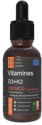DOZ Vitamine D3 K2 Gouttes 60ml - Vitamine D3 10000 IU 250MCG et Vitamin K2 MK-7 200MCG - Avec de l'huile de coco - Complément alimentaire natural
