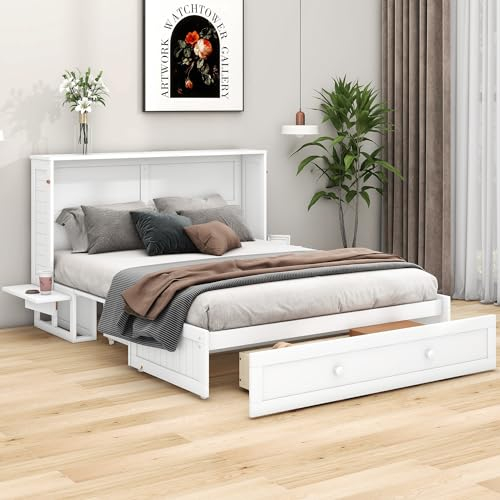 Mobiles Schrankbett mit Schublade und Regal, Weiß, 140x200cm, Verwandelbar in Plattformbett