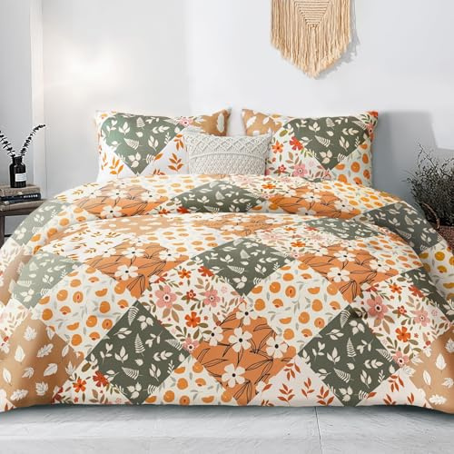 Whale Flotilla Bettdecke 220x230 cm 3 teilig Steppdecke | Atmungsaktive und Weiche Schlafdecke mit 2 Kissenbezügen, für 4 Jahreszeiten, Orange Karo