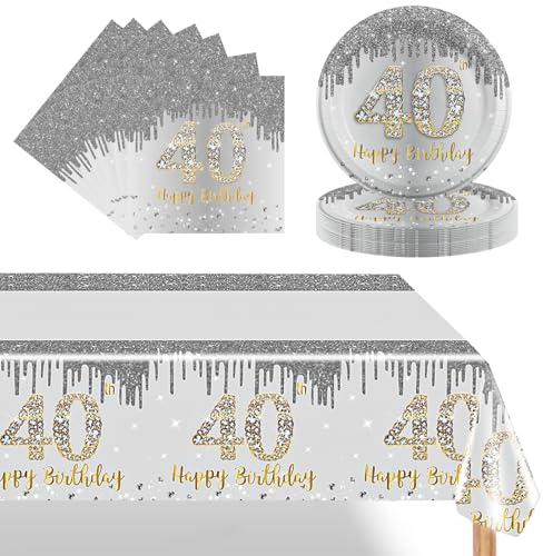 POPOYU Lot de 37 assiettes en carton de 22,3 cm, nappe, décoration d'anniversaire pour femme du 40e anniversaire, argentée, accessoires de fête