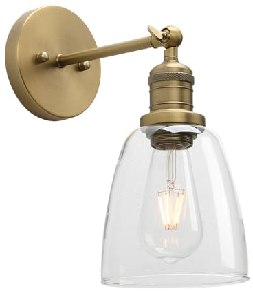 Pathson Applique Murale Intérieure, Reglable Vintage Verre Cloche Abat-jour Lampe Murale E27 Luminaires et Éclairage pour Salle de bain, Salon, Ferme (Laiton antique)