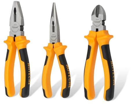 Hoteche Zangenset mit 3-teiligem Set - 160mm Kombizange, 180mm Seitenschneider, 160mm Spitzzange - gelber und schwarzer ergonomischer Griff - hochwertiges Handwerkzeug-Set