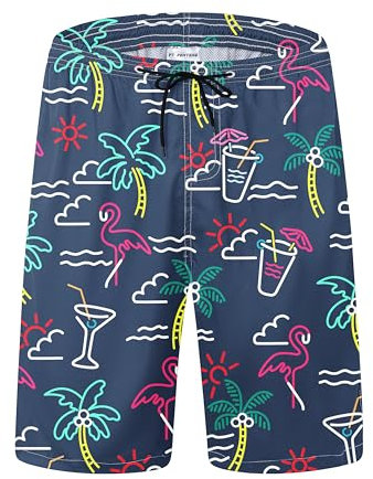 FT FENTENG Short de bain pour homme à séchage rapide avec doublure en maille, short de plage respirant, Paume flamant rose fluo, Small