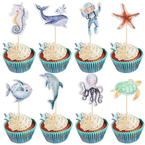 Xsstarmi 32 Packung Ozean Sea Animal Cupcake Toppers Wal Delfin Schildkröte Seepferdchen Oktopus Cupcake Picks Unter dem Meer Kuchendekorationen Ozean Kreatur Geburtstag Party Zubehör