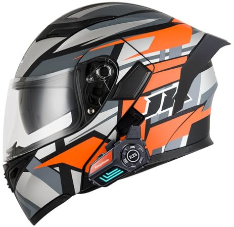 RYDZCLH Casque Intégral De Moto Modulaire Bluetooth avec Casque De Moto À Double Visière Casque De Course De Moto Avant Rabattable Approuvé par Le Dot pour Hommes Et Femmes,Orange,2XL 63~64cm
